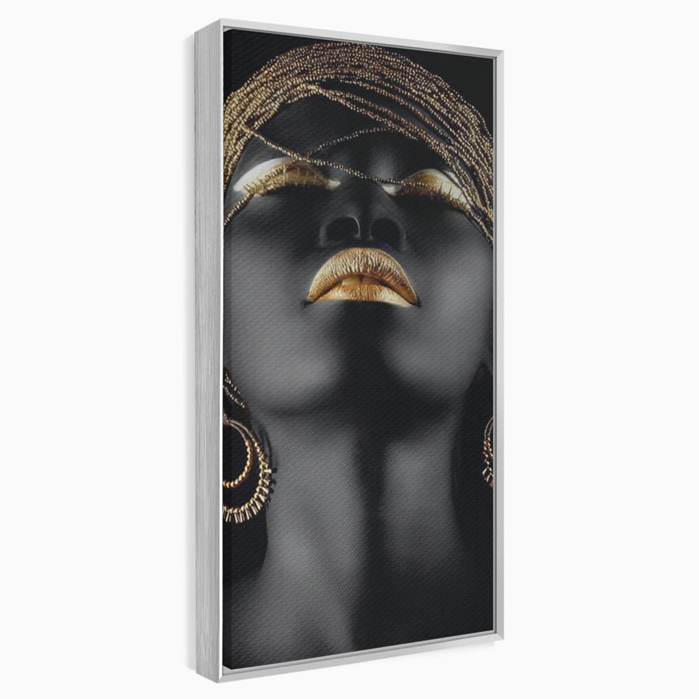 Tablou canvas cu tablou canvas cu femeie si detalii aurii, in rama de aluminiu argintiu